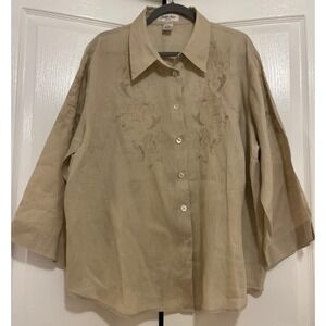 Judith Hart Blouse Womens Sz 18W Linen Floral Embroidered Button Up Casual Beige